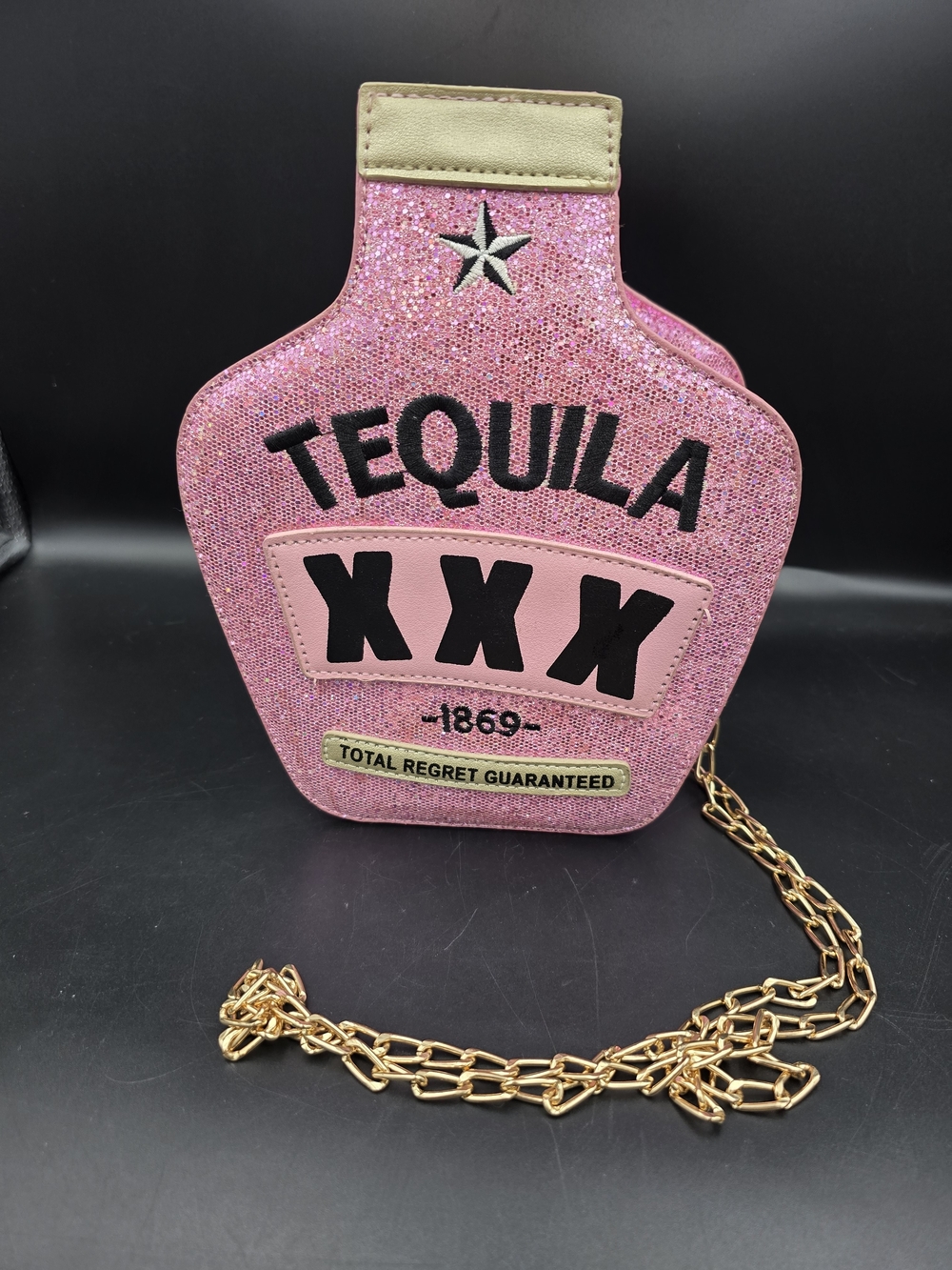 Pink Tequila Novelty Crossbody Bag with Gold Chain